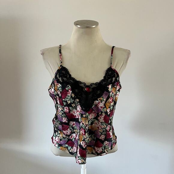 Vtg Y2K 2000s Dark Floral Lace Trim Cami Tank Top Wmns M Whimsgoth Fairycore - Picture 1 of 7